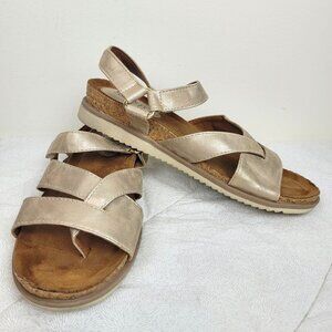 Sofft Lynelle faux tan leather strappy sandals with cork heels grandma chic 8.5